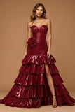 Metallic Burgundy Sweetheart A Line Tiered Maxi Prom Dress with Slit