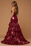 Metallic Burgundy Sweetheart A Line Tiered Maxi Prom Dress with Slit