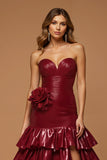 Metallic Burgundy Sweetheart A Line Tiered Maxi Prom Dress with Slit