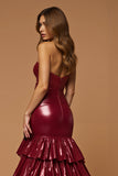 Metallic Burgundy Sweetheart A Line Tiered Maxi Prom Dress with Slit