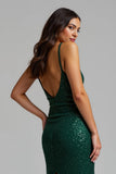 Sparkly Long Dark Green Sheath Holiday Party Dress with Slit