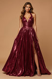 Metallic Burgundy Halter A Line Pleated Long Prom Dress with Slit