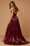 Metallic Burgundy Halter A Line Pleated Long Prom Dress with Slit