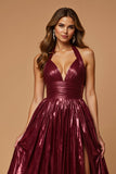 Metallic Burgundy Halter A Line Pleated Long Prom Dress with Slit
