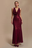 Sparkly Burgundy Sheath Cowl Neck Long Holiday Party Dress with Ruffles