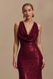 Sparkly Burgundy Sheath Cowl Neck Long Holiday Party Dress with Ruffles