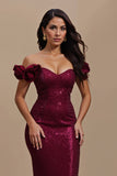 Sparkly Burgundy 3D Flowers Mermaid Long Holiday Party Dress