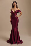 Burgundy Mermaid Off the Shoulder Sparkly Long Holiday Party Dress