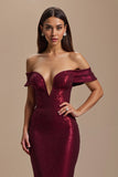Burgundy Mermaid Off the Shoulder Sparkly Long Holiday Party Dress