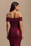 Burgundy Mermaid Off the Shoulder Sparkly Long Holiday Party Dress