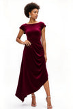 Burgundy A Line Boat Neck Velvet Asymmetrical Holiday Party Dress