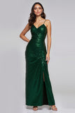 Dark Green Sparkly Sequins Sheath Maxi Holiday Party Dress with Slit