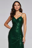 Dark Green Sparkly Sequins Sheath Maxi Holiday Party Dress with Slit