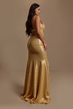 Sparkly Gold Mermaid Deep V-Neck Long Holiday Party Dress