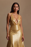 Sparkly Gold Mermaid Deep V-Neck Long Holiday Party Dress