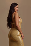 Sparkly Gold Mermaid Deep V-Neck Long Holiday Party Dress