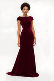 Burgundy Boat Neck Mermaid Long Holiday Party Dress with Sleeves