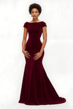 Burgundy Boat Neck Mermaid Long Holiday Party Dress with Sleeves
