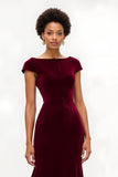 Burgundy Boat Neck Mermaid Long Holiday Party Dress with Sleeves