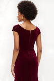 Burgundy Boat Neck Mermaid Long Holiday Party Dress with Sleeves