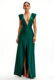 Long Dark Green V-Neck Cap Sleeves Holiday Party Dress with Slit