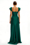 Long Dark Green V-Neck Cap Sleeves Holiday Party Dress with Slit