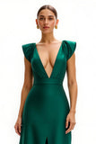 Long Dark Green V-Neck Cap Sleeves Holiday Party Dress with Slit