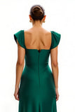Long Dark Green V-Neck Cap Sleeves Holiday Party Dress with Slit
