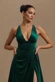 Dark Green V-Neck A Line Ruched Long Holiday Party Dress with Slit