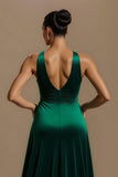 Dark Green V-Neck A Line Ruched Long Holiday Party Dress with Slit