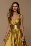 Golden Deep V-Neck High Waist A Line Long Holiday Party Dress