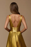 Golden Deep V-Neck High Waist A Line Long Holiday Party Dress