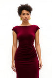 Burgundy Boat Neck Cap Sleeves Sheath Long Holiday Party Dress with Slit