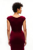 Burgundy Boat Neck Cap Sleeves Sheath Long Holiday Party Dress with Slit