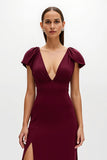 Burgundy Sheath V-Neck Cap Sleeves Long Holiday Party Dress with Slit