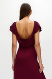 Burgundy Sheath V-Neck Cap Sleeves Long Holiday Party Dress with Slit