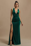 Simple Dark Green V-Neck Sheath Maxi Holiday Party Dress with Slit