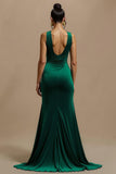 Simple Dark Green V-Neck Sheath Maxi Holiday Party Dress with Slit