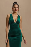 Simple Dark Green V-Neck Sheath Maxi Holiday Party Dress with Slit