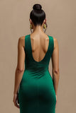 Simple Dark Green V-Neck Sheath Maxi Holiday Party Dress with Slit
