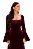 Burgundy Sheath Scoop Neck Flare Sleeves Long Holiday Party Dress