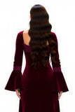 Burgundy Sheath Scoop Neck Flare Sleeves Long Holiday Party Dress