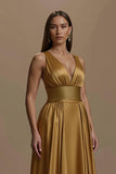 Golden V-Neck Empire Waist Backless Long Holiday Party Dress