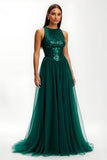 Sparkly Dark Green Round Neck A Line Long Holiday Party Dress with Sequins