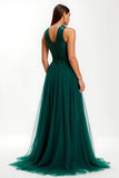 Sparkly Dark Green Round Neck A Line Long Holiday Party Dress with Sequins