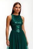Sparkly Dark Green Round Neck A Line Long Holiday Party Dress with Sequins