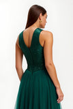 Sparkly Dark Green Round Neck A Line Long Holiday Party Dress with Sequins