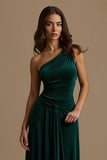 Dark Green Sheath One Shoulder High-Low Holiday Party Dress with Ruffles