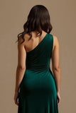 Dark Green Sheath One Shoulder High-Low Holiday Party Dress with Ruffles