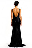 Black Sparkly Sequin Mermaid V-Neck Long Holiday Party Dress with Slit
